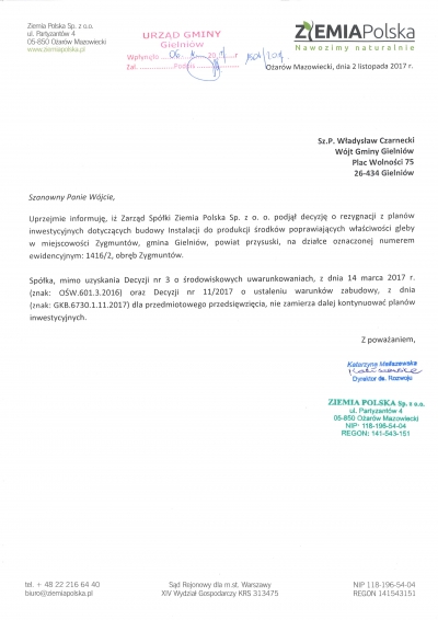 Zarząd Sp&oacute;łki Ziemia Polska Sp. z o.o. rezygnuje z inwestycji w Miejscowości Zygmunt&oacute;w