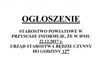 Skr&oacute;cony czas pracy urzędu 22.12.2017r.